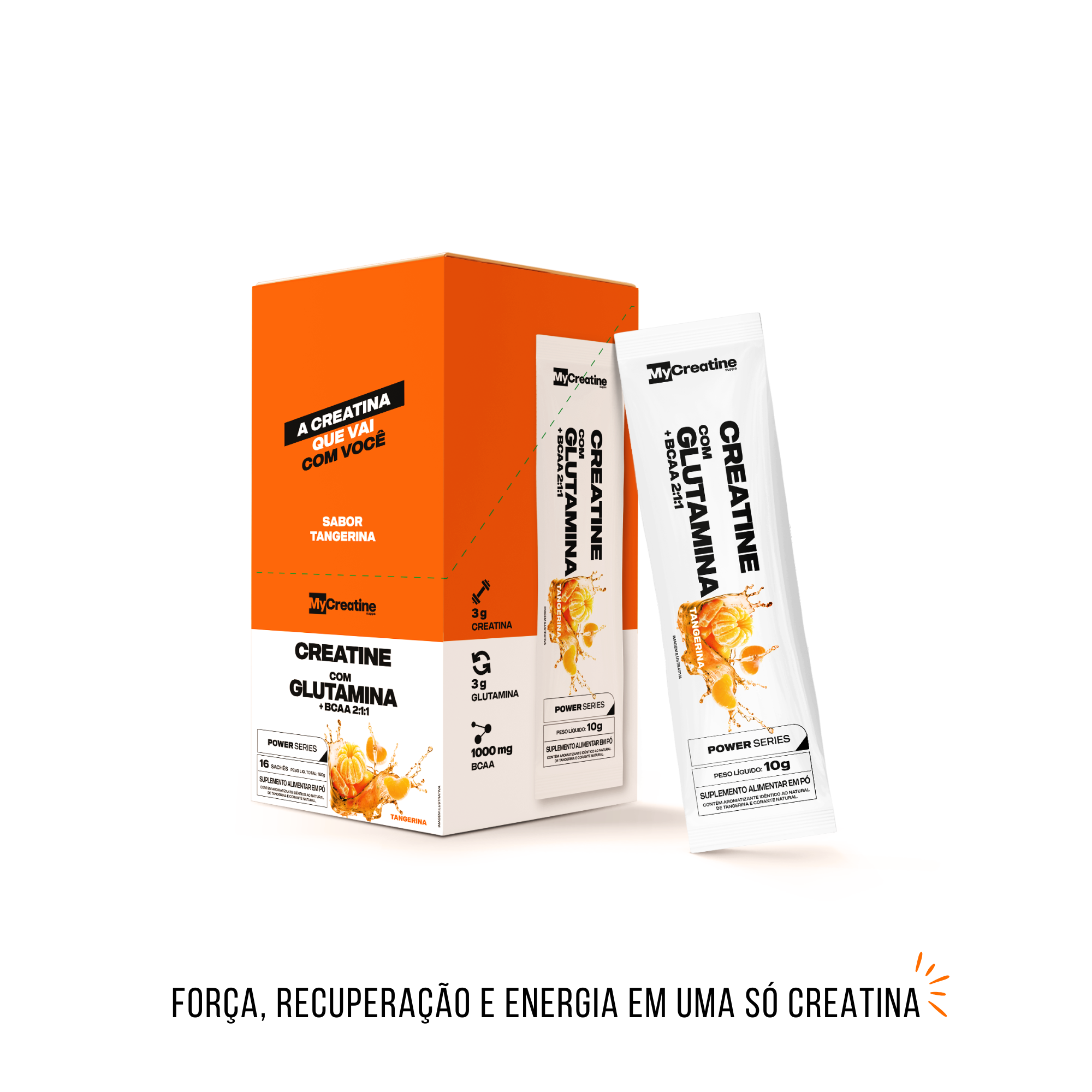 Creatina com BCAA + Glutamina | Sachê Individual Força e Recuperação Sabor Tangerina