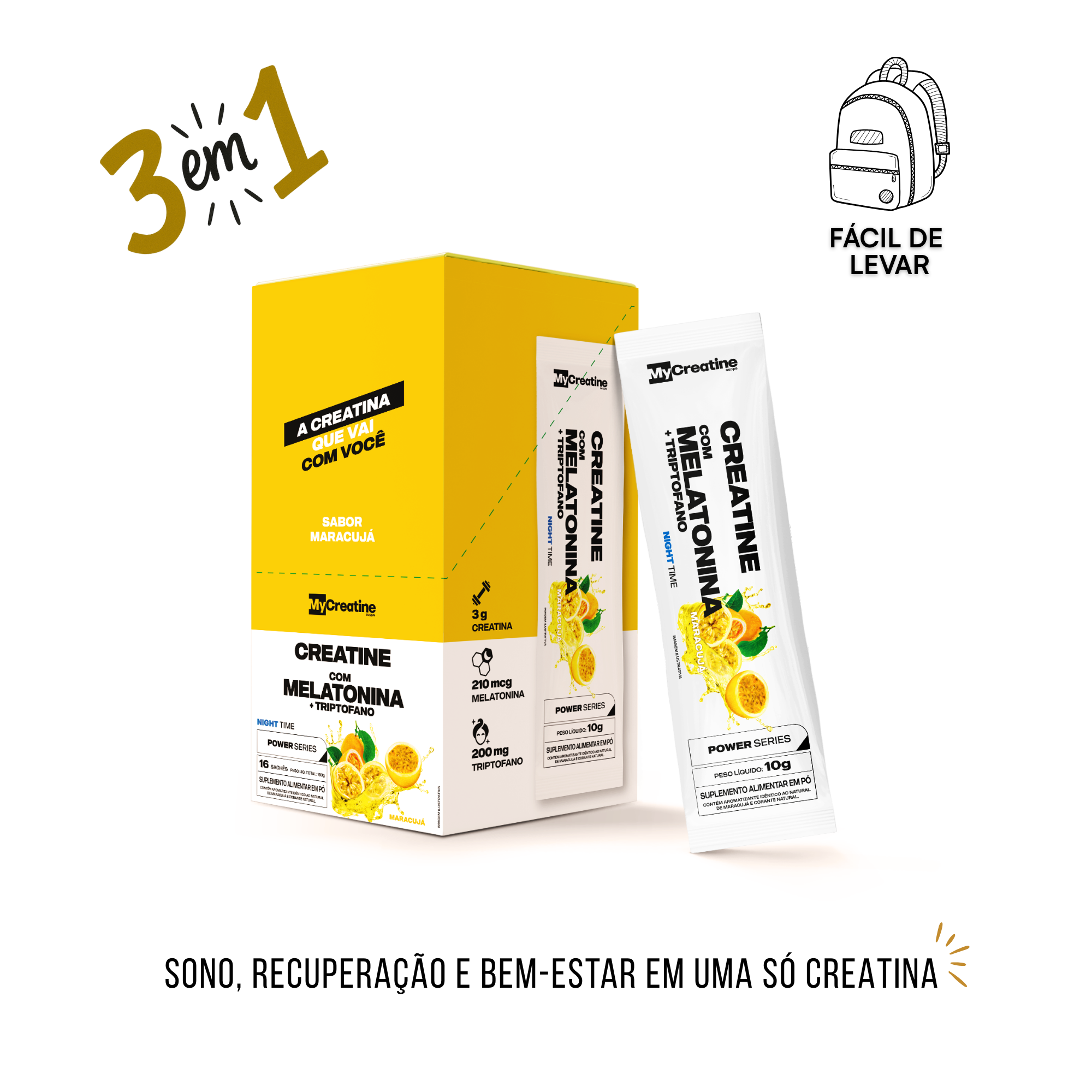 Creatina MyCreatine com Melatonina + Triptofano | Sachê Individual Sono e Recuperação Sabor Maracujá