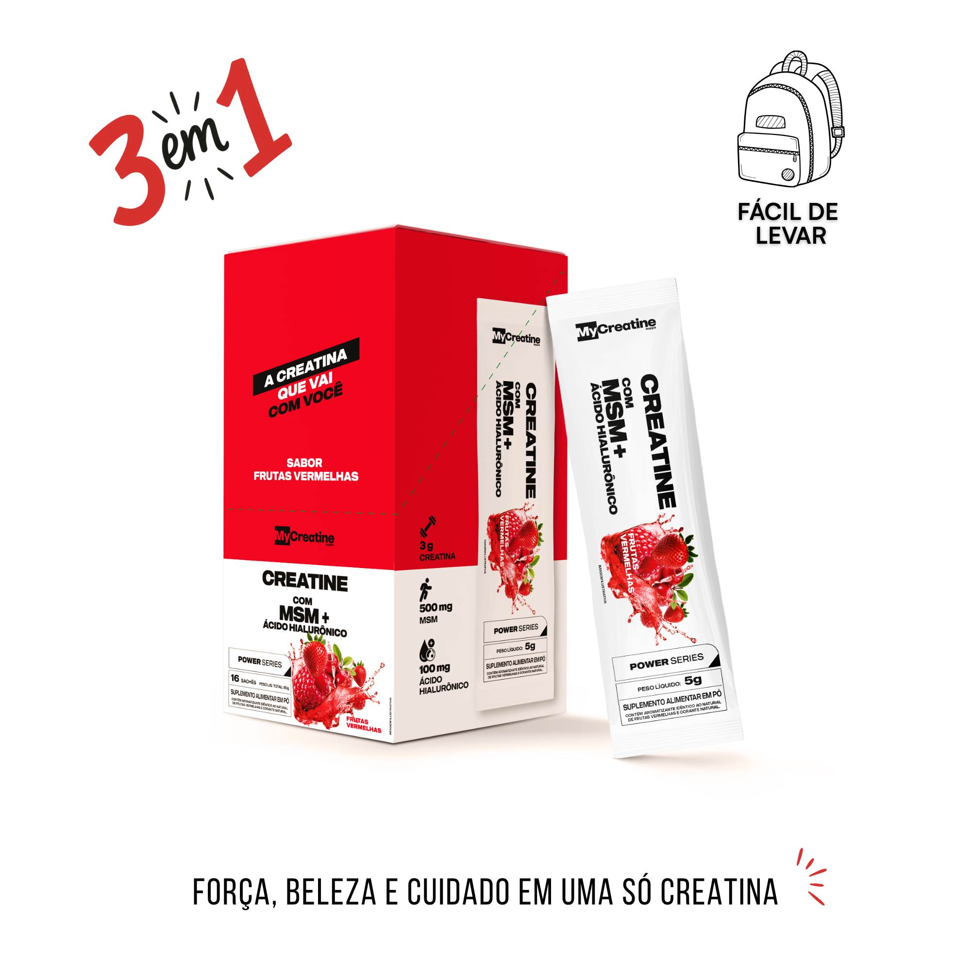Creatina MyCreatine com MSM + Ácido Hialurônico | Sachê Individual Beleza e Vitalidade Sabor Frutas Vermelhas