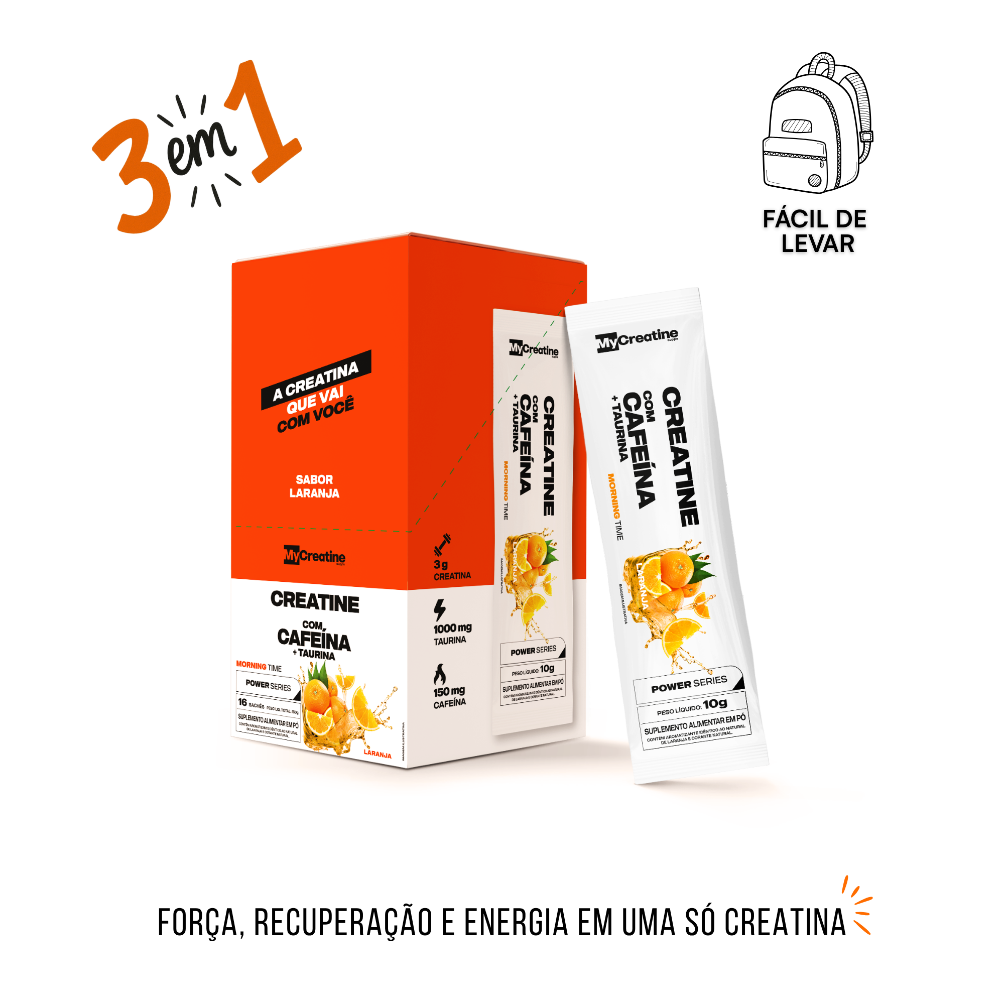 Creatina MyCreatine com Cafeína + Taurina | Sachê Individual Energia e Foco Sabor Laranja