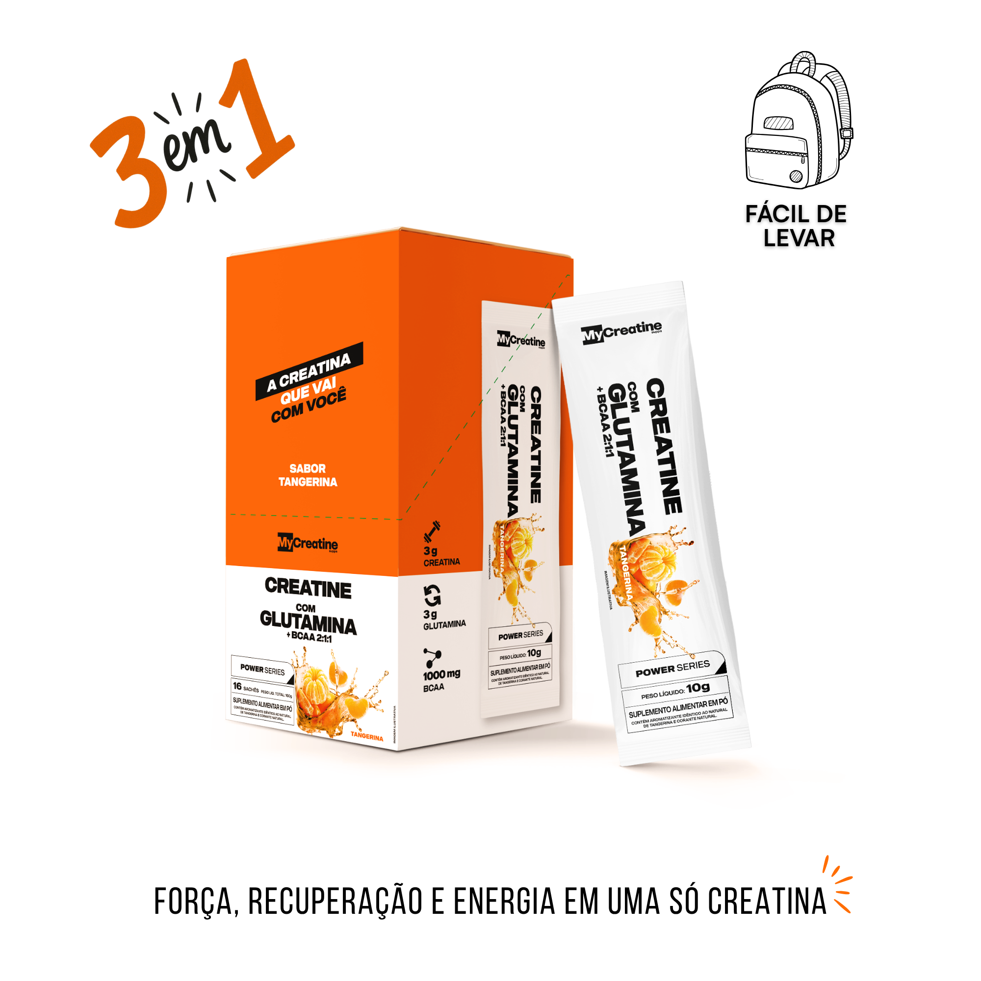 Creatina MyCreatine com BCAA + Glutamina | Sachê Individual Força e Recuperação Sabor Tangerina