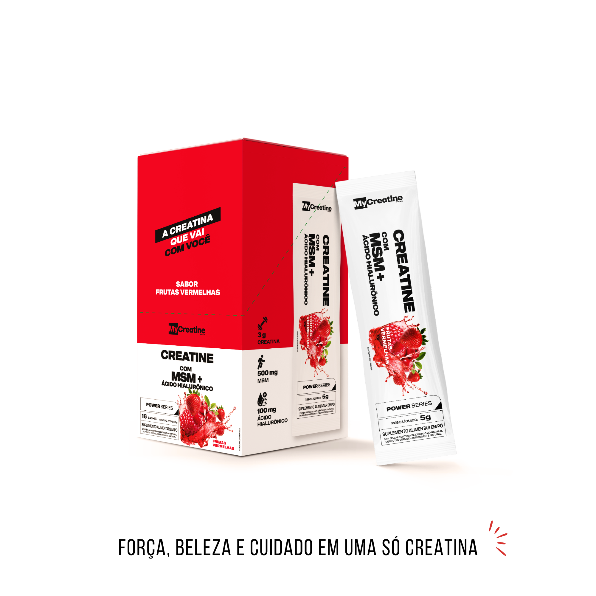 Creatina com MSM + Ácido Hialurônico | Sachê Individual Beleza e Vitalidade Sabor Frutas Vermelhas